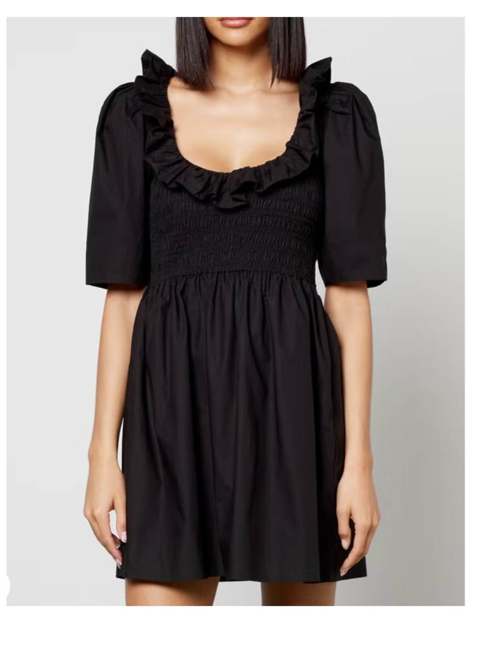 Ganni Black Smocked Ruffle Mini Dress